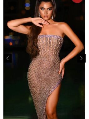 Portia and Scarlett Strapless Gold Metallic Beaded Gown with High Slit PS25430C